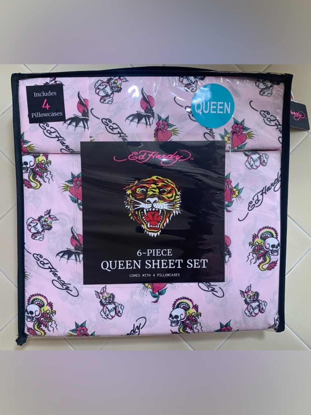 Ed Hardy 6 Piece Queen Sheet Set Pink Tattoo Print Includes 4 Pillowcases